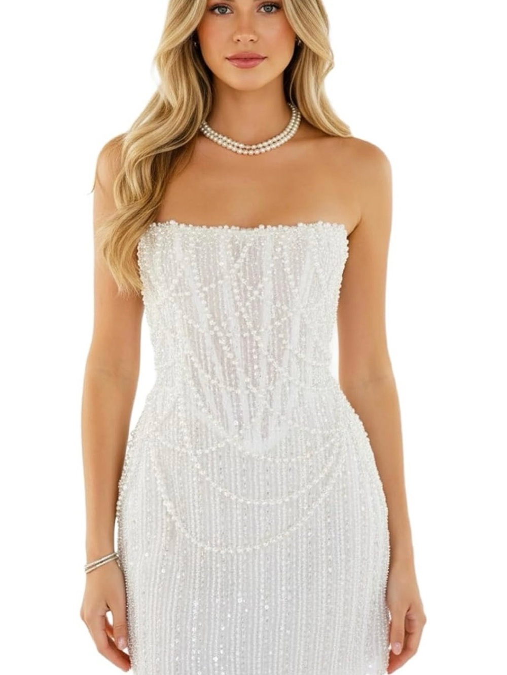 Strapless White Pearl Evening Dress
